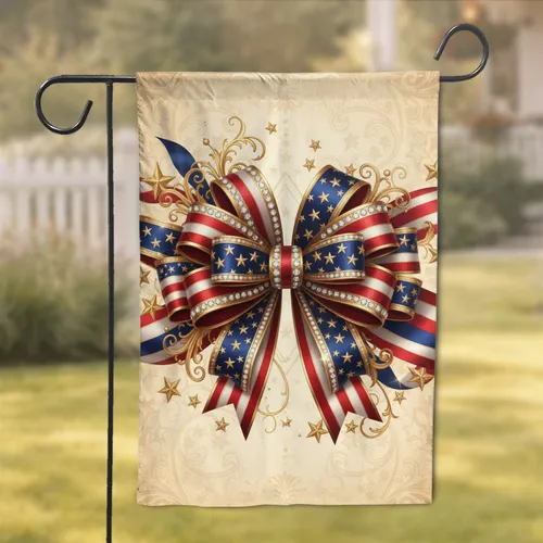 American Flag Bow Gold Filigree Rhinestones Independence Day Celebration Gift Garden Flag