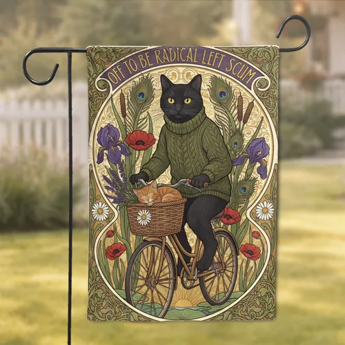 'Radical Left Scum' Black Cat Kitten Art Nouveau Bicycle - Statement Home Decor Garden Flag