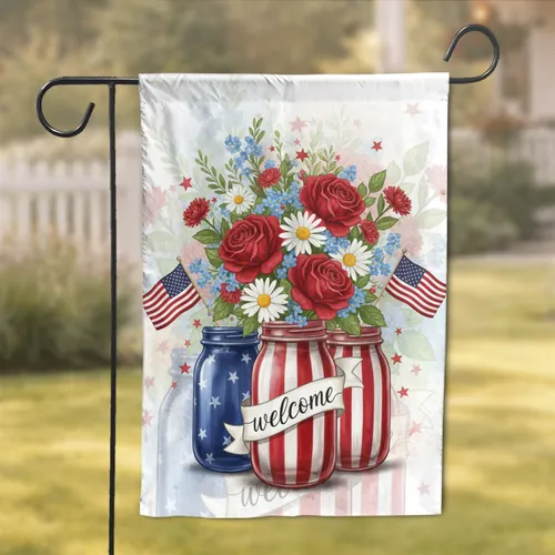 Patriotic Mason Jar Bouquet American Flag Stars - Independence Day Home Decor Garden Flag