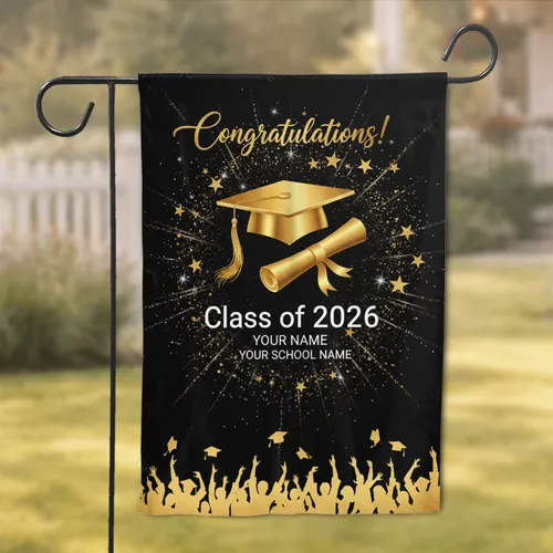 Graduation Cap Diploma Class of 2026 - Graduate Celebration Party Decor for Graduates Custom Name Garden Flag
