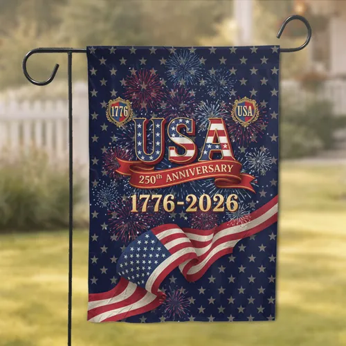 USA 250th Anniversary 1776-2026 American Flag Fireworks Independence Day Garden Flag