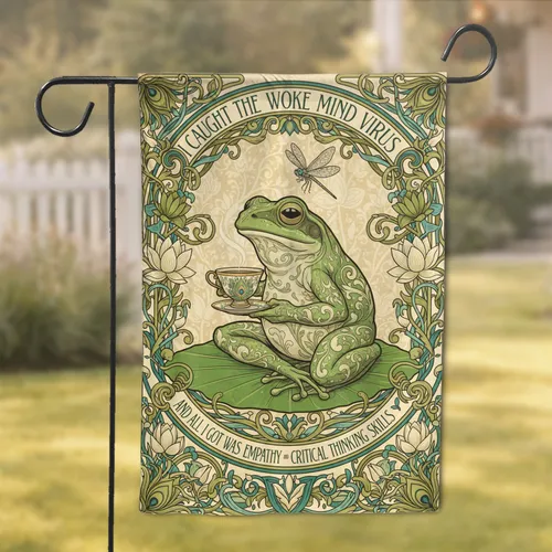 Contemplative Green Frog Lily Pad Teacup Botanical - Empathy Critical Thinking Home Decor Garden Flag