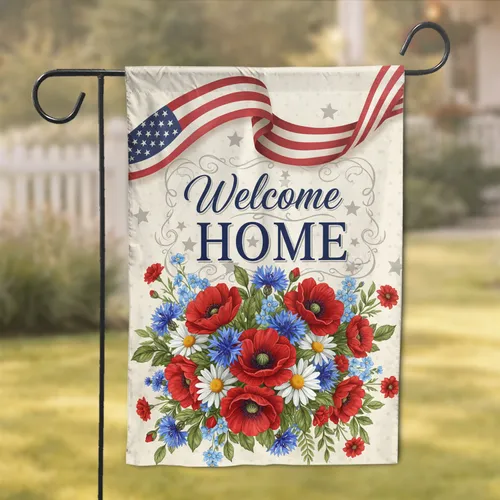 Welcome HOME Filigree Patriotic Poppy Daisy Cornflower Flag - Home Decor Gift Garden Flag