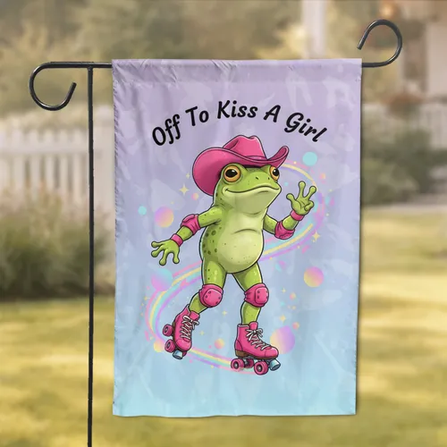Frog Roller Skating Hot Pink Cowboy Hat 'Off To Kiss A Girl' - Home Decor Gift Garden Flag