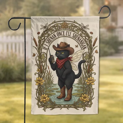 Black Cat Cowboy Fairy Shenanigan - Water Lily Cattail Home Decor Gift Garden Flag