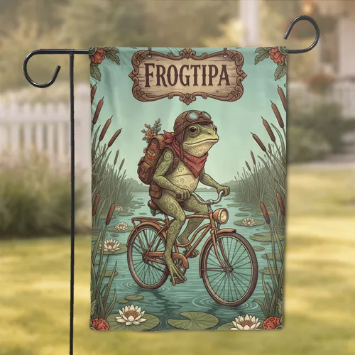 Frog On Vintage Bicycle Water Lilies Wetland - Nature Lover Home Decor Gift Garden Flag