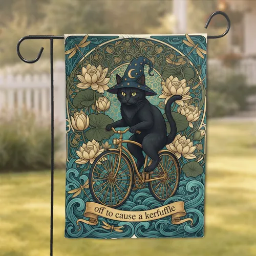 Magical Black Cat Wizard Hat Golden Bicycle Off To Cause A Kerfuffle - Cat Lover Home Decor Gift Garden Flag