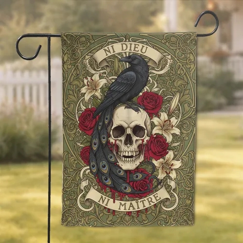 Aged Bone Skull Dark Raven Deep Red Roses Ni Dieu Ni Maître Art Nouveau Home Decor Gift Garden Flag