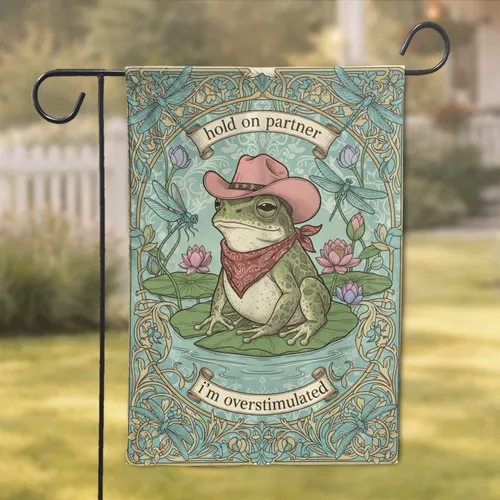 Frog Cowboy Hat 'Hold On Partner' Lily Pad Lotus - Fantasy Home Decor Gift Garden Flag
