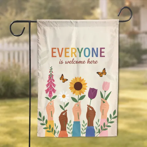 Five Diverse Hands Flowers Welcome Here - Community Home Decor Gift Garden Flag