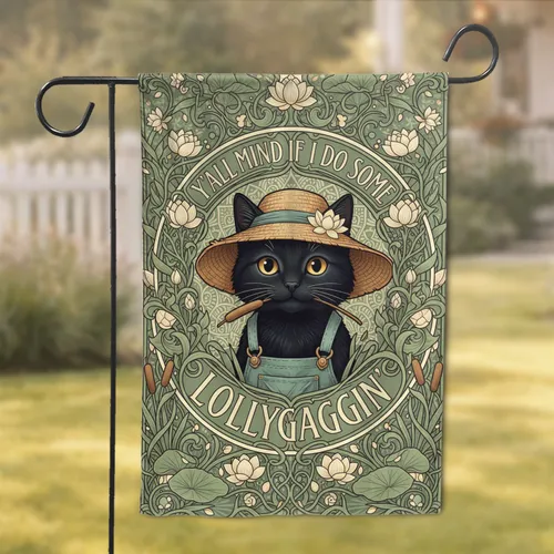 Black Cat Lollygaggin' Art Nouveau Lotus Vines - Home Decor Gift for Cat Lover Garden Flag