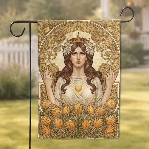 Resist Woman Defiant Gesture Art Nouveau Floral - Home Decor Gift Garden Flag