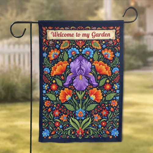 Welcome to my Garden Purple Iris Orange Poppy Folk Floral - Home Decor Gift for Garden Lover Garden Flag
