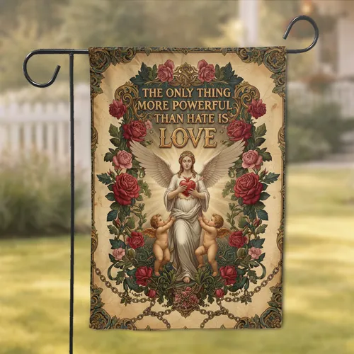 Love Over Hate Allegorical Winged Figure Cherubs Gold Accents Roses Home Decor Gift Garden Flag