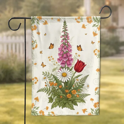 Pink Foxglove Daisy Red Tulip Botanical Butterfly - Home Decor Gift for Garden Lover Garden Flag
