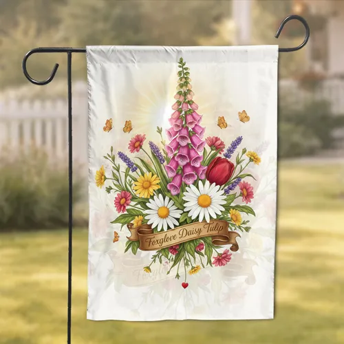 Lush Foxglove Daisy Tulip Butterfly Spring Summer Flower Bouquet - Home Decor Gift Garden Flag