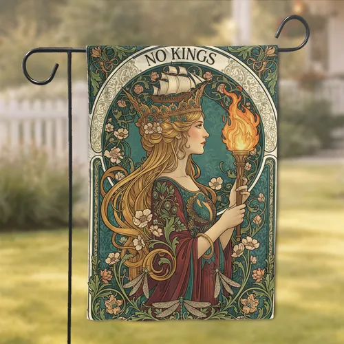 No Kings Banner Woman Sailing Ship Crown Torch Peacock Home Decor Gift Garden Flag