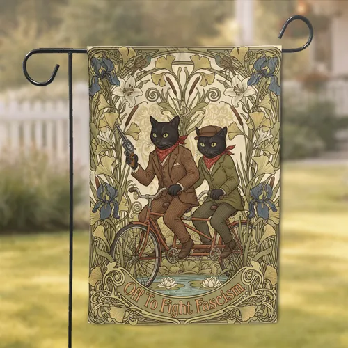 Black Cats Tandem Bicycle Art Nouveau Floral 'Off To Fight Fascism' Activist Decor Gift Garden Flag