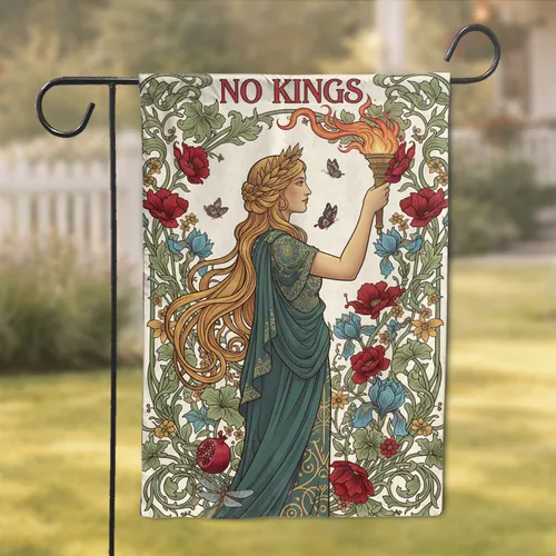 Regal Woman 'NO KINGS' Torch Laurel Crown Poppy Iris Floral - Statement Home Decor Gift Garden Flag