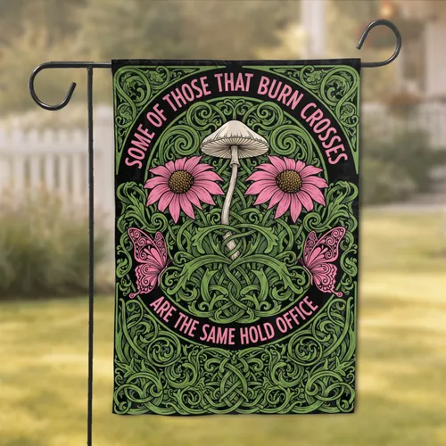 Pink Coneflower Mushroom Butterfly Art Nouveau Foliage Vines - Home Decor Gift Garden Flag