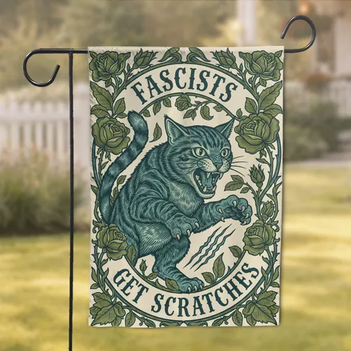 Fierce Tabby Cat 'Fascists Get Scratches' Art Nouveau Floral - Cat Lover Home Decor Gift Garden Flag