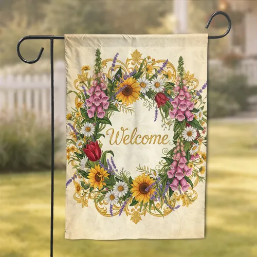 Welcome Script Foxglove Sunflower Tulip Daisy Lavender Wreath - Home Decor Gift Garden Flag