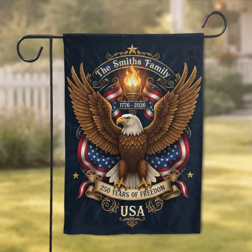 Bald Eagle American Flag USA 250 Years of Freedom 1776-2026 - Independence Day Holiday Custom Family Name Garden Flag