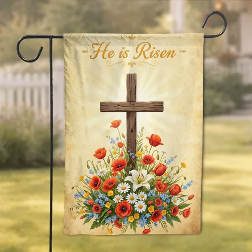 Prominent Rustic Cross Spring Flowers He Is Risen - Easter Christian Gift Garden Flag