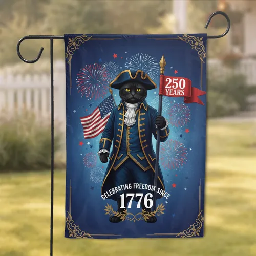 Black Cat Colonial Soldier USA 250th Anniversary - Cat Lover Independence Day Gift Garden Flag