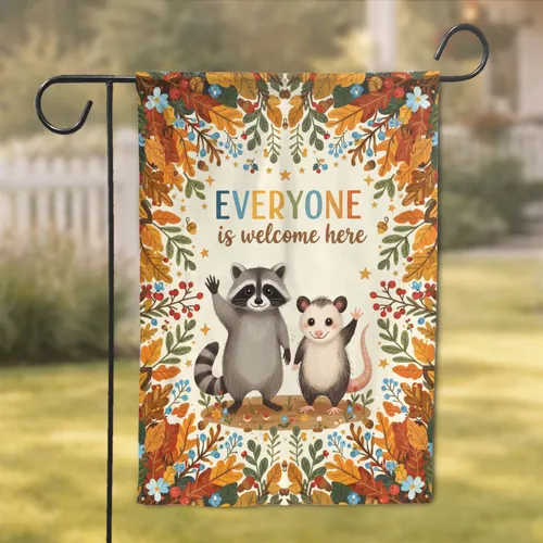 Raccoon Opossum Everyone Welcome Botanical Home Decor Gift for Wildlife Lover Garden Flag