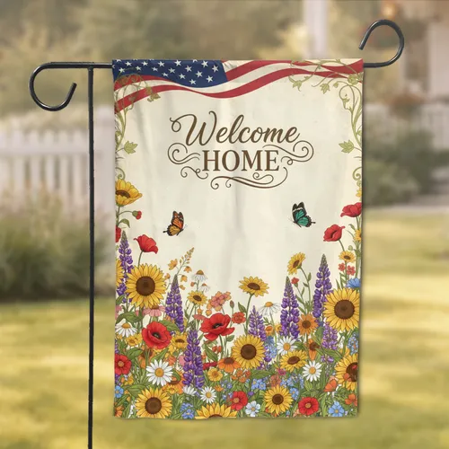 Welcome HOME Wildflower Garden American Flag - Home Decor Gift Garden Flag