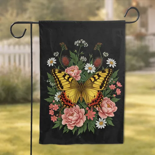 Golden Yellow Butterfly Peony Coral Blossom - Natural History Collector Gift Garden Flag