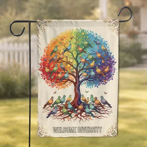 Rainbow Tree Diverse Pigeons - Welcome Diversity Home Decor Garden Flag