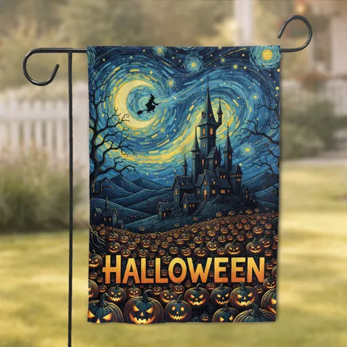 Halloween Witch Castle Starry Night Jack-o'-Lanterns - Halloween Decor Garden Flag