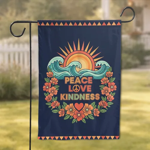 Peace Love Kindness Peace Sign Sun Waves Floral - Positive Message Home Decor Garden Flag
