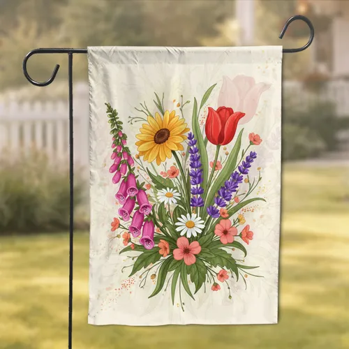 Lush Vibrant Floral Arrangement Foxglove Daisy Tulip Lavender Flowers - Home Decor Gift Garden Flag