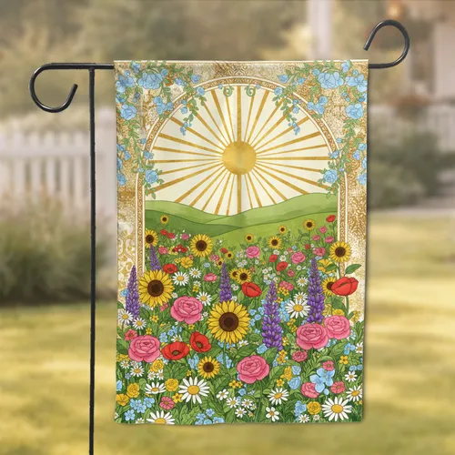 Wildflower Meadow Golden Sun Pink Roses - Vibrant Garden Home Decor Gift Garden Flag