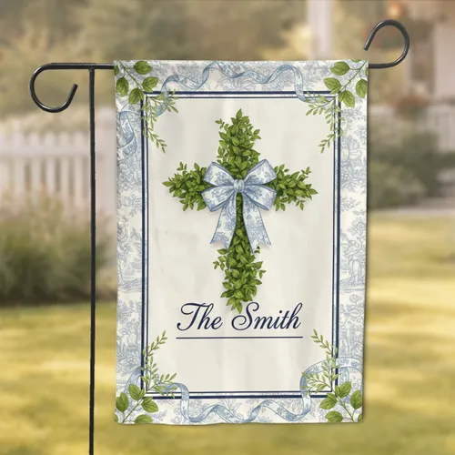 Custom Family Name Lush Foliage Cross French Blue Toile Navy Border - Home Decor Gift for Everyday Living Garden Flag