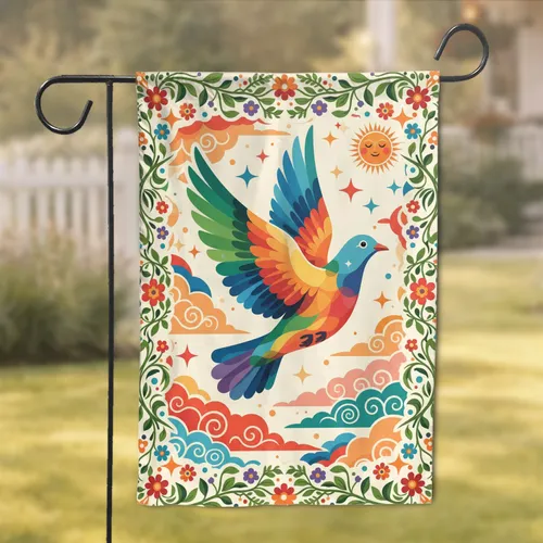 Rainbow Flying Dove Sun Stars Folk Art Flowers - Home Decor Gift Garden Flag