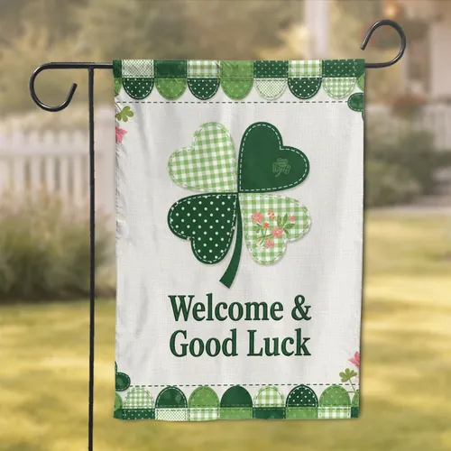 Patchwork Four-Leaf Clover Welcome & Good Luck - Everyday Home Decor Gift Garden Flag