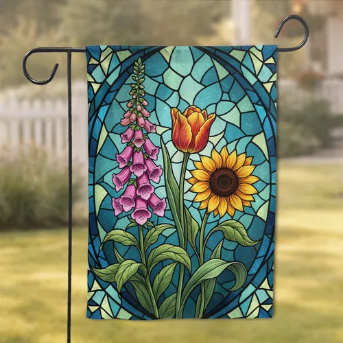 Stained Glass Floral Mosaic Foxglove Tulip Sunflower Home Decor Gift Garden Flag