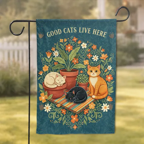 Good Cats Live Here Stylized Cats Potted Plants Floral Decor - Cat Lover Home Gift Garden Flag