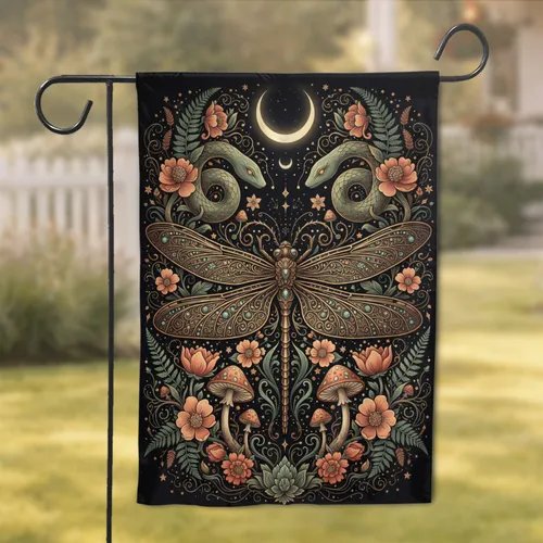 Ornate Dragonfly Celestial Serpent Botanical - Mystical Garden Home Decor Garden Flag
