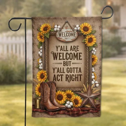 Western Welcome Quote Sunflowers Cowboy Boots Barn Star - Farmhouse Decor Gift Garden Flag