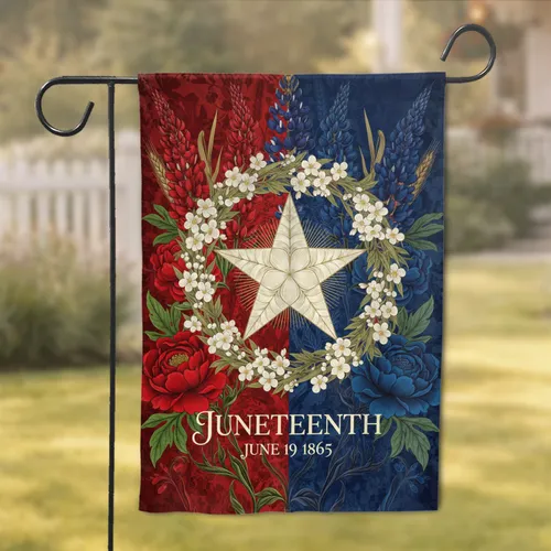 Juneteenth Ornate Star Floral Wreath Crimson Navy Botanical - Commemoration Display Garden Flag
