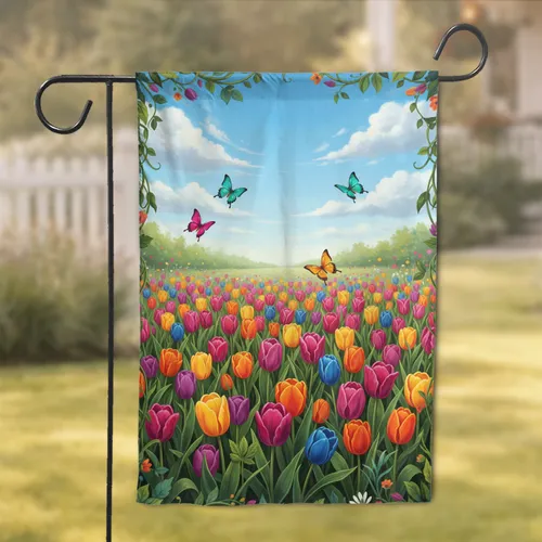 Lush Tulips Butterflies Spring Garden - Home Decor Gift for Garden Lover Garden Flag