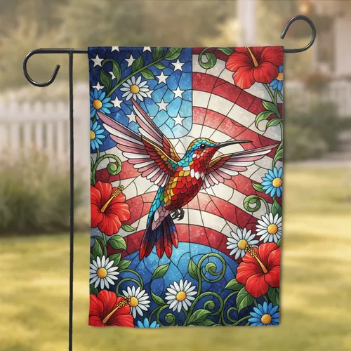 Hummingbird American Flag Hibiscus Daisy Patriotic Home Decor Gift Garden Flag