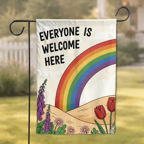 Everyone Is Welcome Here Rainbow Foxgloves Tulips Daisies Hills Landscape - Home Decor Gift Garden Flag