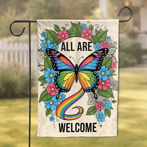 Butterfly ALL ARE WELCOME Flowers Foliage Lace - Home Decor Gift Garden Flag