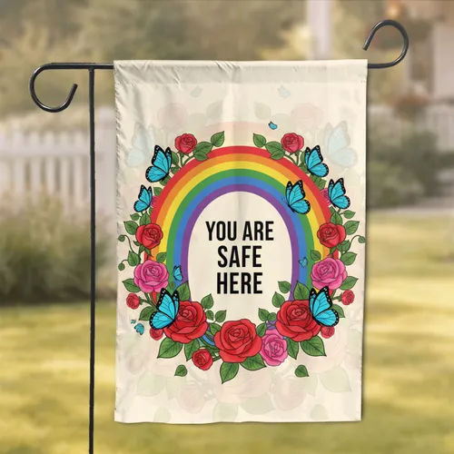 You Are Safe Here Rainbow Arch Roses Butterflies - Home Decor Gift Garden Flag
